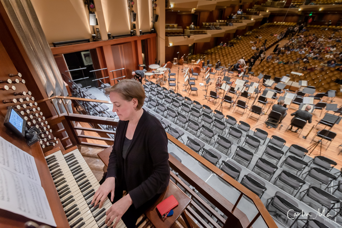 Sheila Bristow rehearses at the Benaroya Hall organ in rehearsal